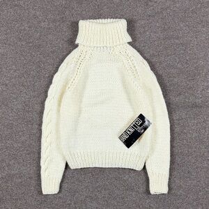Vintage Hand Knitted Cream Ivory Chunky Cableknit Turtleneck Sweater Women S NWT